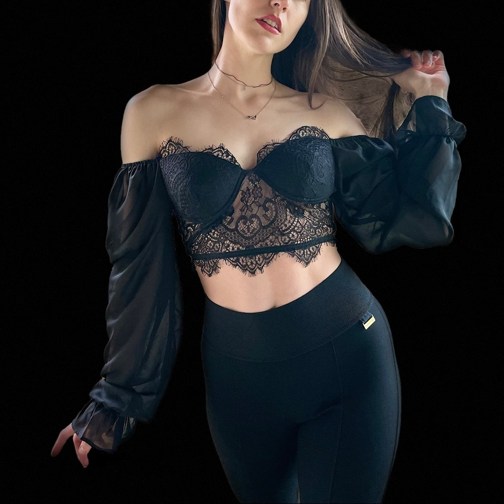 Fashion Nova Sheer Lace Off the Shoulder Crop Top - Picture 1 of 8